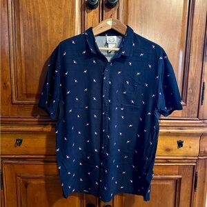 33 Revolutions Navy Blue Casual Short Sleeve Button Down Shirt w/ Pink Flamingos